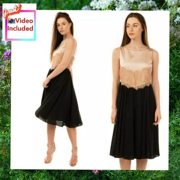 Nude Cocktail Dress Small Lace Satin Pleated Black Flowy Lace Cutout Swing ITALY - Picture 1 of 13
